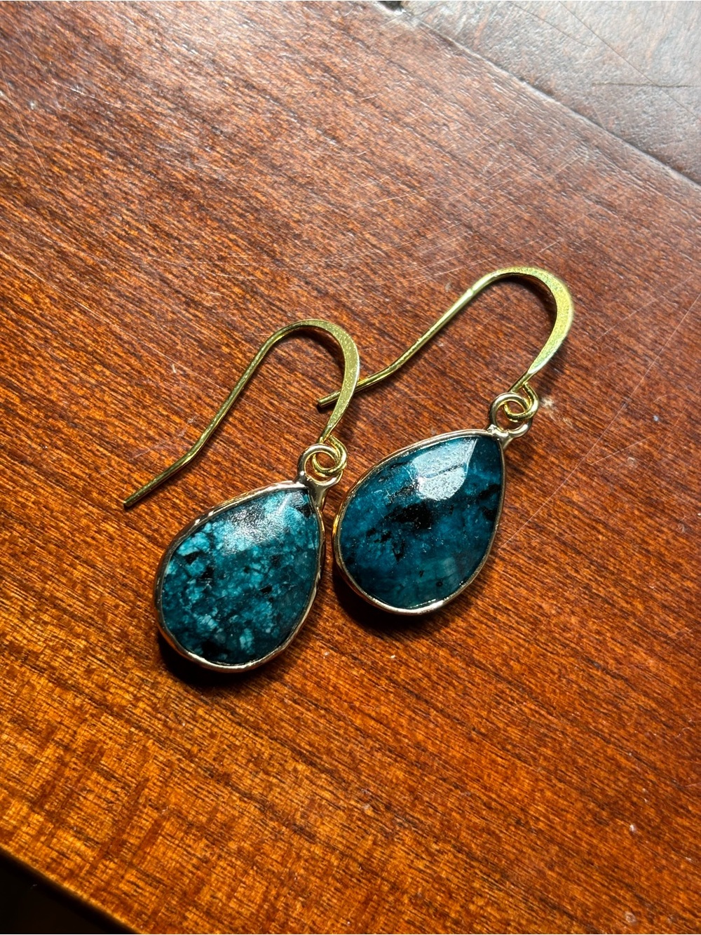 Teal Green Gemstone Drop Earrings Boho Cottagecore Gold Epidote Teardrop Coastal